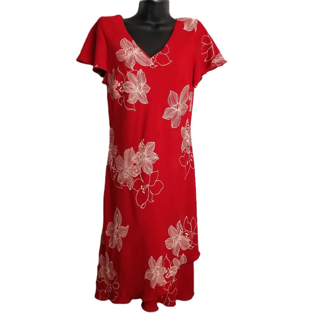 Womens Size 10 Red Floral V Neck Dress SL Fashions Flutter Sleeve Made USA